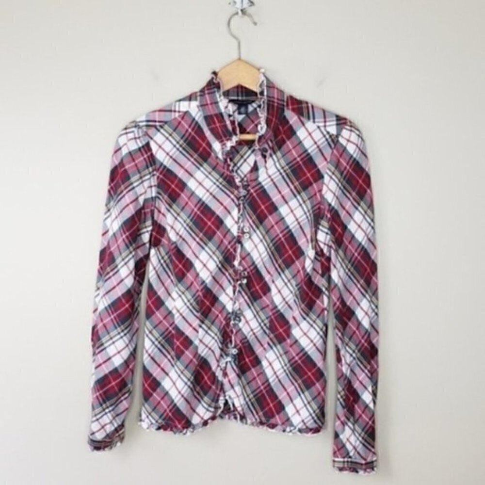 Tommy Hilfiger | Red Green White Yellow Plaid Ruffle Accent Shirt Size Small
